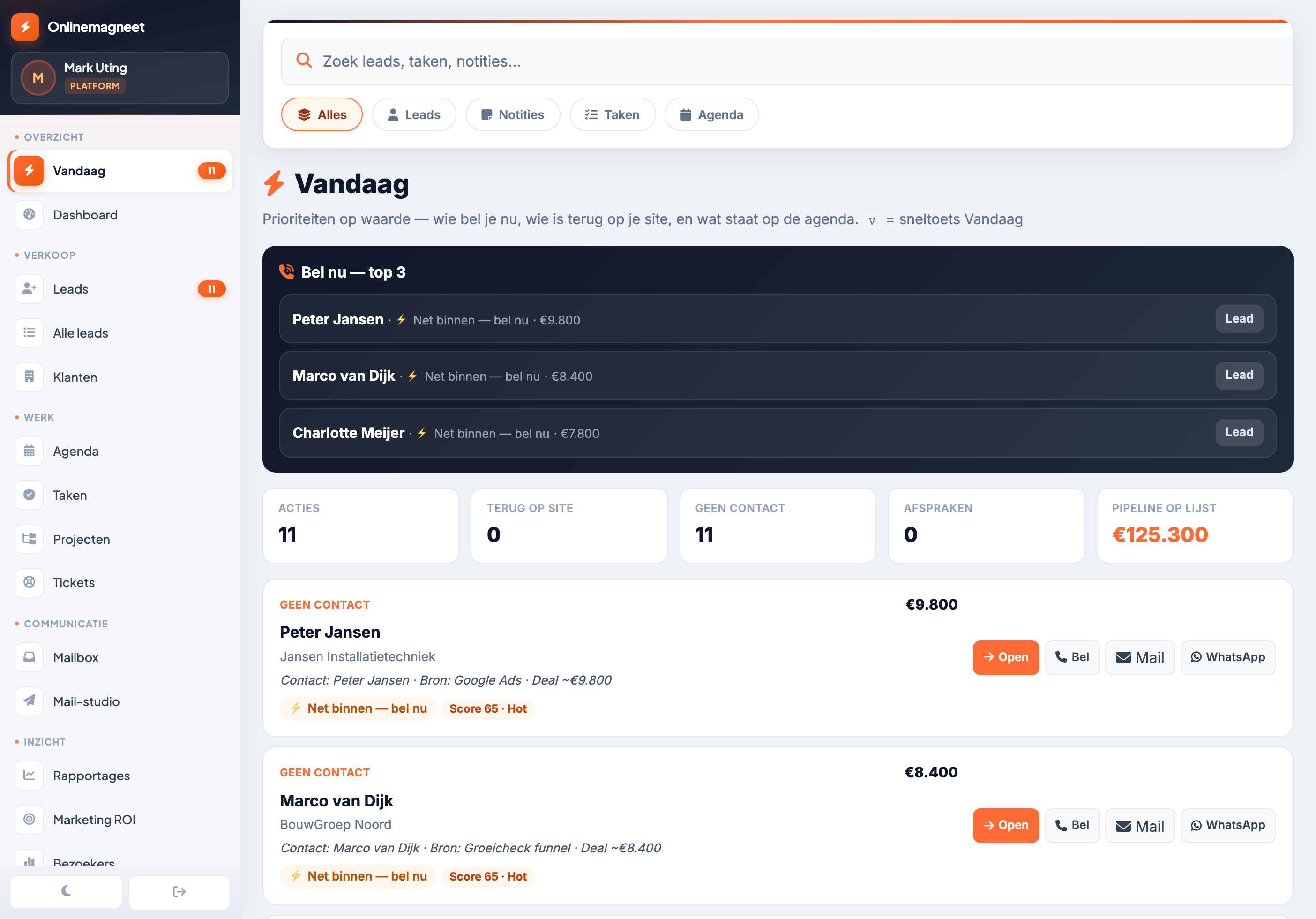 Onlinemagneet CRM — vandaag